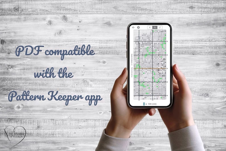 May include: A smartphone displays a cross-stitch pattern, held against a light wood background. The screen shows a grid with colored squares. Text on the screen reads "a 500 stitches". The text "PDF compatible with the Pattern Keeper app" is also visible.