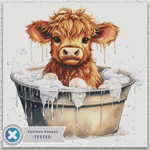 May include: Watercolor illustration of a fluffy brown calf taking a bath in a metal tub filled with bubbles. The calf has large, expressive eyes and is surrounded by suds. The image has a soft, whimsical feel.