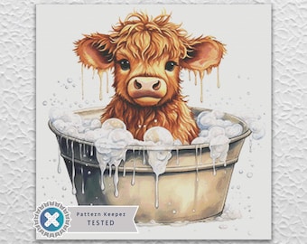 Cute Highland Cow Full Coverage Counted Cross Stitch Pattern Digital PDF Compatible with Pattern Keeper App. Instant Download Printable