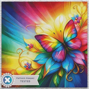 May include: A vibrant, colorful artwork featuring a butterfly with rainbow-colored wings. The butterfly rests on a bed of blue and pink leaves and flowers, with a yellow and orange background. The text "Pattern Keeper TESTED" is visible.
