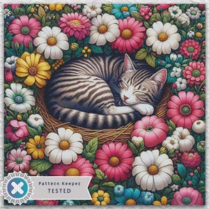 Cat & Flowers Full Coverage Counted Cross Stitch Pattern Digital PDF Compatible with Pattern Keeper App. Instant Download Printable.