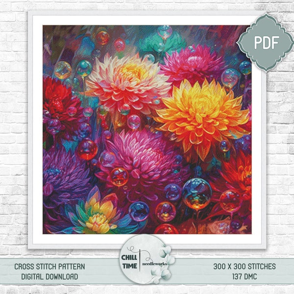 Very colorful fantasy dahlia flowers mini modern full coverage counted cross stitch pattern PDF for advanced stitchers who love confetti