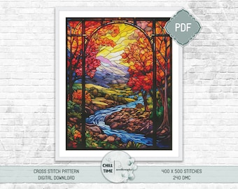 Max colors whimsical seasonal stained glass style full coverage cross stitch pattern PDF instant digital download compatible with PK app