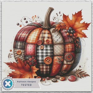 Peut inclure: Illustration à l'aquarelle d'une citrouille patchwork avec une tige marron, ornée de feuilles d'automne orange et rouges, de baies et de boutons décoratifs. La citrouille est composée de divers motifs de tissu aux couleurs automnales.