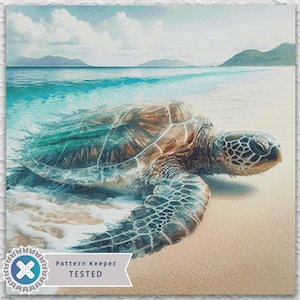 May include: A digital art print depicting a sea turtle on a sandy beach with ocean waves. The turtle has a brown and green patterned shell. The ocean is turquoise, and the sky is blue with clouds. The image includes a "Pattern Keeper Tested" logo.
