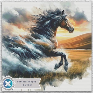 May include: Watercolor painting of a horse in motion, with a flowing mane and tail. The horse is depicted in shades of brown, gray, and white, set against a backdrop of a sunset and grassy field. The image includes the text "Pattern Keeper TESTED".