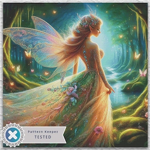May include: A digital art print of a fairy in a forest setting. The fairy has long flowing hair, large wings, and a flowing gown. The forest is lush and green, with a stream and butterflies. The image is labeled "Pattern Keeper TESTED".