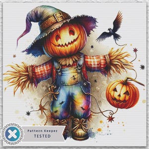 May include: Watercolor illustration of a Halloween scarecrow with a pumpkin head, wearing a hat and overalls. A carved pumpkin and a crow are also featured. The scarecrow has straw arms and legs. The image has a watercolor effect.