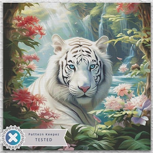 May include: A digital art print of a white tiger with striking blue eyes, surrounded by lush greenery and vibrant pink and red flowers. A waterfall and a body of water are visible in the background. The image is labeled "Pattern Keeper TESTED".