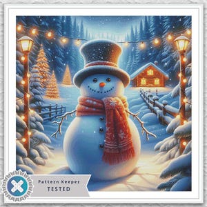 May include: A winter scene painting featuring a snowman wearing a top hat and a red scarf. The snowman has a carrot nose and twig arms. A snow-covered path leads to a cabin with lit windows. The scene is framed by snow-covered trees and a string of lights.