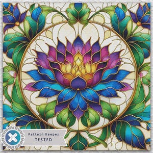 Stained Glass Flower Full Coverage Counted Cross Stitch Pattern Digital PDF Compatible with Pattern Keeper App. Downloadable Printable.