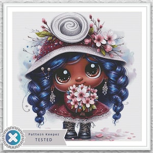 May include: A digital illustration of a cartoon girl with dark skin, large eyes, and blue braided hair. She wears a red dress, a hat with flowers, and holds a bouquet of pink flowers. The image is framed with a white border.