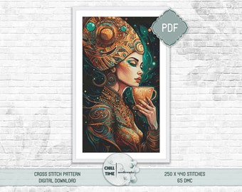 Cosmic coffee goddess portrait large full coverage counted cross stitch pattern for adults, digital downloadable and printable PDF