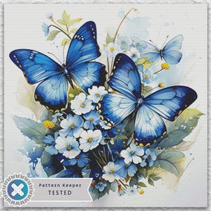 May include: Watercolor painting of blue butterflies and flowers. The butterflies have intricate wing patterns and are a vibrant blue color. The flowers are a mix of blue, white, and yellow, with green leaves. The image has a soft, artistic feel.