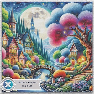 May include: A colourful painting depicting a fantastical village scene beneath a starry night sky. The artwork showcases detailed houses, a bridge over a river, and stylised trees with pink and blue foliage. The image includes the text "Pattern Keeper TESTED".