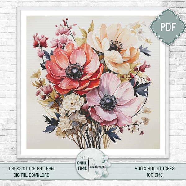 Beautiful bridal Anemone flower bouquet modern full coverage cross stitch pattern PDF instant digital download compatible with PK app