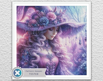 Fantasy Purple Witch Kreuzstichmuster Digitales PDF-Kompatibel mit der Pattern keeper App. Herunterladbare druckbare.