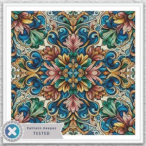 Op de afbeelding: Een ingelijst, kleurrijk bloemenpatroon met een symmetrisch ontwerp. Het kunstwerk toont een herhalend motief van gestileerde bladeren en krullen in tinten blauw, groen, roze en geel. De woorden "Pattern Keeper TESTED" zijn zichtbaar linksonder.