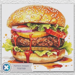 Digitalt PDF-mönster med smaskig hamburgare, heltäckande, räknat korsstygn, kompatibelt med Pattern Keeper-appen. Direkt nedladdning, utskrivbar