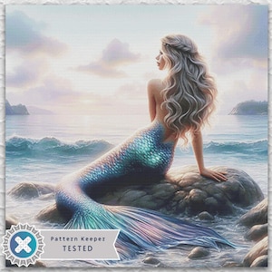 May include: A serene painting of a mermaid with long, flowing blonde hair, seated on a rock by the ocean. Her iridescent tail shimmers with shades of blue and purple. The artwork captures a tranquil coastal scene with soft lighting.