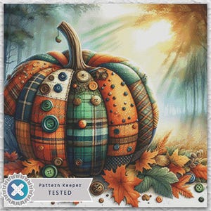 May include: A watercolour illustration of a patchwork pumpkin, featuring orange, green, and blue plaid sections, adorned with buttons. The artwork is set against a backdrop of autumn leaves and a forest, evoking a seasonal theme.