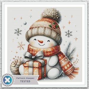 May include: Watercolor illustration of a snowman wearing a knit hat and scarf, holding a wrapped gift. The snowman has a carrot nose and a smiling face. Snowflakes and stars are in the background. The image is framed in white.