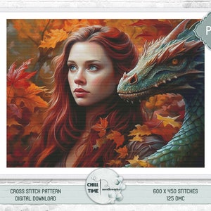 Beautiful autumn woman and a fantasy dragon full coverage counted cross stitch pattern digital downloadable and printable PDF image 1