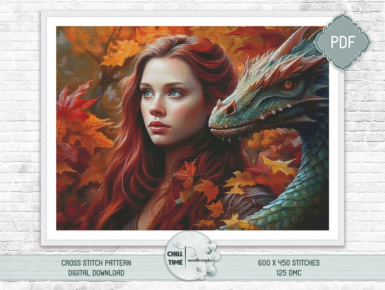 Beautiful autumn woman and a fantasy dragon full coverage counted cross stitch pattern digital downloadable and printable PDF image 1