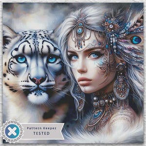 May include: A digital art print featuring a woman with blue eyes and intricate face and hair decorations, alongside a snow leopard. The artwork has a fantasy theme with cool tones and detailed textures.