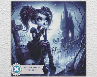 Halloween Goth Girl Kreuzstichmuster Digitales PDF Kompatibel mit der Pattern keeper App. Sofortiger Download zum Ausdrucken