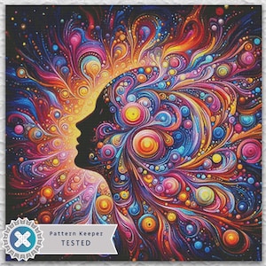 May include: A vibrant, abstract artwork featuring a black silhouette of a woman's profile. The image is filled with colorful, swirling patterns in shades of blue, pink, yellow, and orange. The text "Pattern Keeper TESTED" is visible.