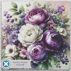 Könnte beinhalten: Ein Aquarellgemälde eines Blumenstraußes in Lila, Weiß und Grün. Der Strauß zeigt große Pfingstrosen, kleinere Gänseblümchen und andere florale Elemente. Der Text "Pattern Keeper TESTED" ist sichtbar.
