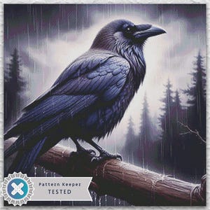May include: A digital art print of a raven perched on a branch in a rainy forest. The raven is depicted in shades of blue and black, with detailed feathers and a sharp beak. The background features silhouetted trees and a cloudy sky.