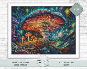 Psychedelic fantasy mushroom full coverage modern cross stitch pattern PDF instant digital download to print or use with Pattern Keeper app.