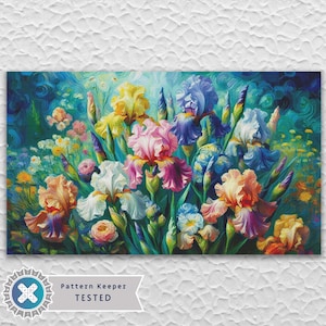 Puede incluir: Una pintura vibrante de lirios en plena floración, con colores variados como amarillo, rosa, morado y naranja. La obra presenta un estilo texturizado e impresionista, con un exuberante fondo verde. El texto "Pattern Keeper TESTED" es visible.