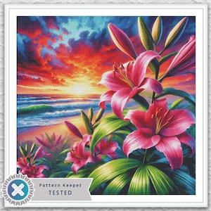 May include: A vibrant painting of pink lilies in full bloom, set against a sunset over the ocean. The sky transitions from fiery orange to deep blue, with green leaves and ocean waves. The artwork is framed and includes the text "Pattern Keeper TESTED".