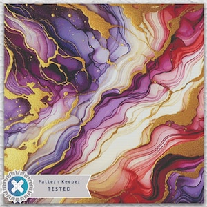 Op de afbeelding: Abstracte kunstprint met vloeiende patronen in tinten paars, rood en goud. Het ontwerp heeft een marmereffect met gouden accenten en de tekst "Pattern Keeper TESTED" in de linker benedenhoek. Het kunstwerk heeft een aquarel-uitstraling.