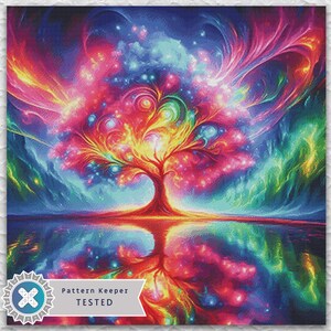 Könnte beinhalten: Ein lebendiger, farbenfroher Kunstdruck, der einen stilisierten Baum mit einem strahlenden, mehrfarbigen Blätterdach zeigt. Das Kunstwerk zeigt eine Spiegelung des Baumes in einem Gewässer, mit einem Hintergrund aus wirbelnden Farben. Die Worte "Pattern Keeper TESTED" befinden sich in der unteren linken Ecke.