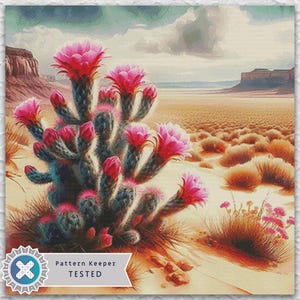 May include: Watercolour painting of a desert scene with a flowering cactus and pink blooms. The artwork depicts a wide, dry landscape with distant mesas and a sandy foreground. The image has a vintage aesthetic.