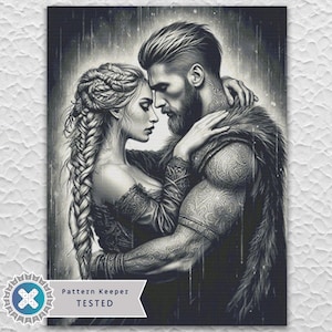 May include: Black and white illustration of a couple embracing. The woman has long braided hair and is wearing a dress. The man has a beard and is wearing a fur cloak. The image has a romantic theme.