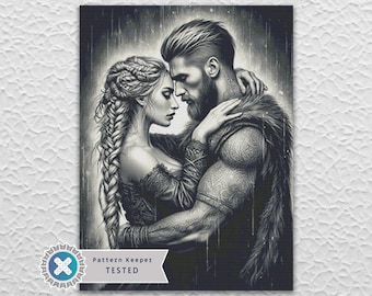Viking Couple Love Full Coverage Counted Cross Stitch Pattern Digital PDF Compatible with Pattern Keeper App. Instant Download Printable.