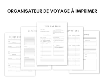 Puede incluir: Un planificador de viaje imprimible en blanco y negro con secciones para elegir destinos, listas de empaque, itinerarios diarios, reservas y vuelos.