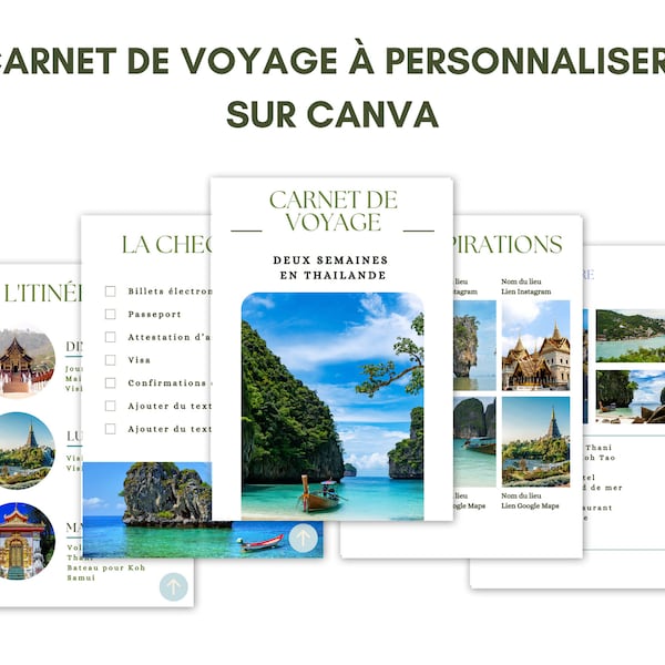 Carnet de voyage numérique - 36 pages - Deux semaines en Thaïlande. Moderne, design, à modifier sur Canva. A4, Tablette.