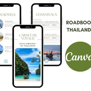 Canva digital roadbook - 36 pages - Two weeks in Thailand. Travel journal template to personalize on Canva.