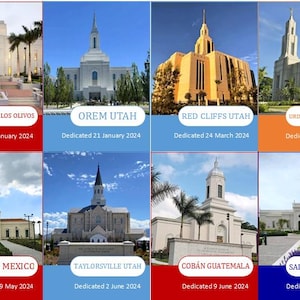 Puede incluir: Un collage de ocho templos, cada uno con un diseño arquitectónico único, sobre un cielo azul. Cada imagen incluye el nombre del templo y la fecha de dedicación. Las ubicaciones incluyen Utah, Perú, Filipinas, México, Guatemala y Argentina.