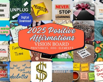May include: A collage of images with positive affirmations for a vision board. The images include words like "prioritize", "never stop learning", "financial education", "family time", "faith over fear", "marry me", "quit smoking", and "travel".