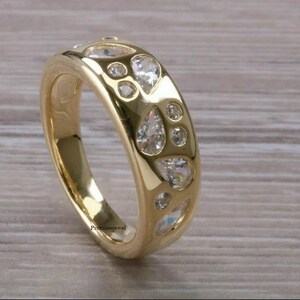 Round & Pear Flush Set Genuine Diamond Solid 18K Yellow / Rose / White Gold Bold Wide Band Ring Wedding Engagement Gift For Her.