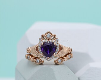 2 CT Purple Heart Cut Moissanite Halo Three Stone Engagement & Wedding Ring, Bridal Ring,925 silver ring Anniversary Love Gift Ring