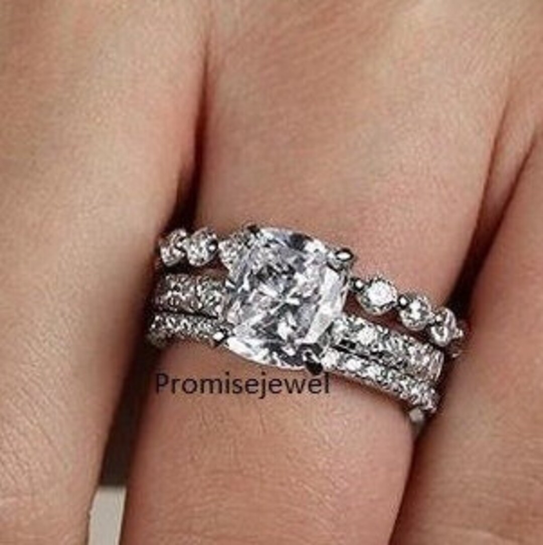 2 Ct Moissanite Engagement Ring Set, 3 PC Cushion Bridal Ring Set ...