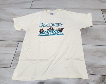Mens Vtg 90s Florida Lottery Discovery Cream T Shirt Single Stitch size Large